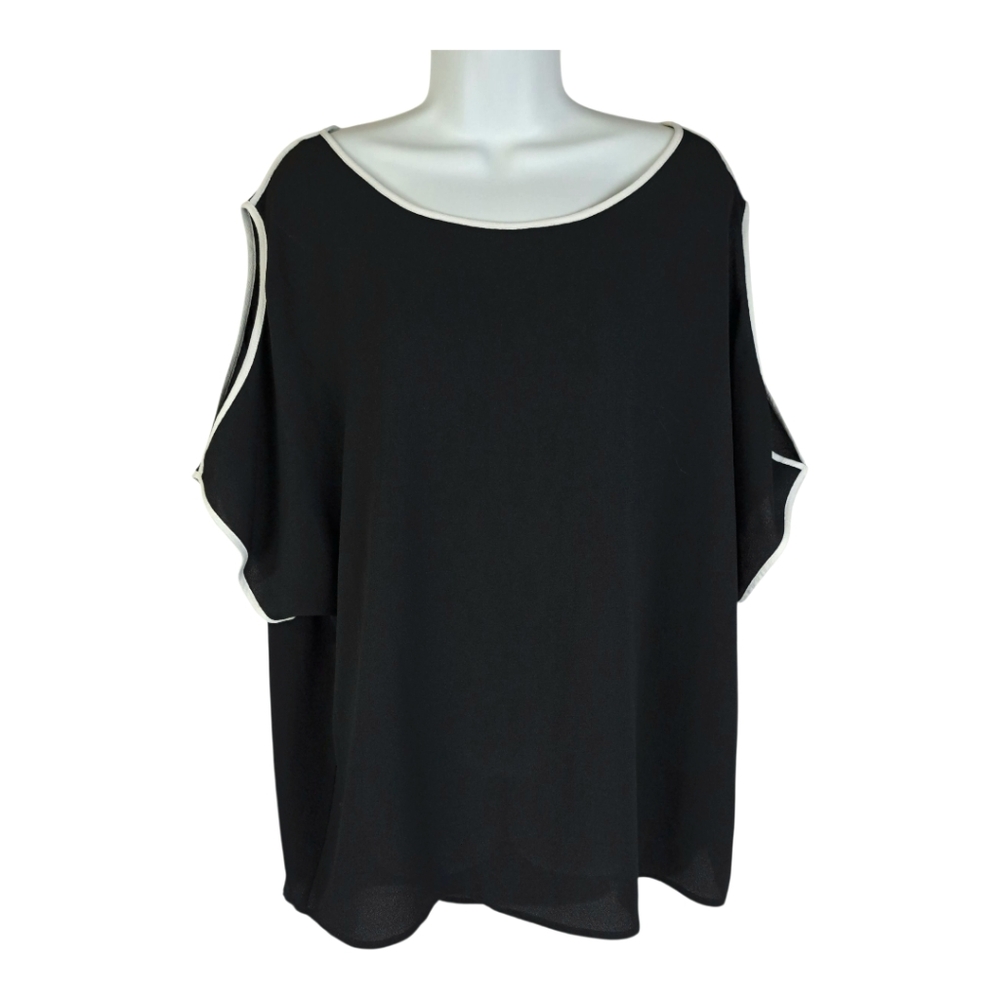 Vince Camuto Black Cold Shoulder Blouse Top with White Trim